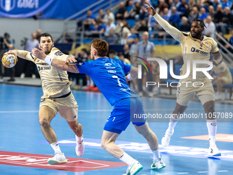Rui Silva, Tomas Piroch, and Pedro Veitia Valdes are playing in the EHF Champions League Men 2023/2024 match between Orlen Wisla Plock and F...