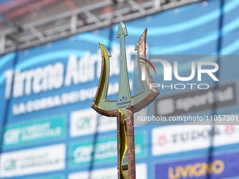 The trophy trident of the 59th Tirreno-Adriatico 2024 is being presented during Stage 5, a 144 km stage from Torricella Sicura to Valle Cast...