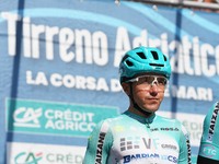 Domenico Pozzovivo from Italy, riding for VF Group - Bardiani CSF - Faizane, is preparing for Stage 5 of the 59th Tirreno-Adriatico 2024, a...