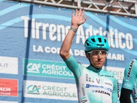 Domenico Pozzovivo from Italy, riding for VF Group - Bardiani CSF - Faizane, is preparing for Stage 5 of the 59th Tirreno-Adriatico 2024, a...