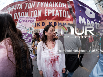 Students and feminist activists are protesting against patriarchy and violence in Athens, Greece, on March 8, 2024. (