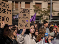 Thousands of female students are taking to the streets of Barcelona, Spain, on March 8, 2024, during World Women's Day to demand their right...