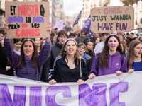 Thousands of female students are taking to the streets of Barcelona, Spain, on March 8, 2024, during World Women's Day to demand their right...
