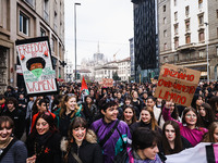 Demonstrators are attending the Lotto Marzo demonstration on International Women's Day in Milan, Italy, on March 8, 2024. (