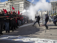 Clashes are occurring with riot police outside the parliament  in a protest in central Athens, Greece, on 8 March 2024 against a bill that w...