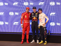 Charles Leclerc of Ferrari, Max Verstappen and Sergio Perez of Red Bull Racing after qualifying ahead of the Formula 1 Saudi Arabian Grand P...