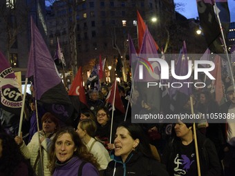 People are marking International Women's Day with a mass demonstration in Barcelona, Spain, on March 8, 2024. (