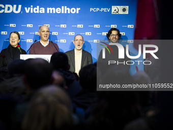 Paulo Raimundo, the candidate for Prime Minister from the CDU-PCP communist party, is speaking at a rally in Porto, Portugal, on March 8, 20...