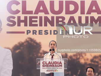 Claudia Sheinbaum, candidate for the Presidency of Mexico for the Let's Make History coalition, is speaking during a political rally as part...
