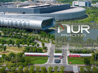 An aerial photo is showing the factory of Taiwan Semiconductor Manufacturing Company (TSMC) in Nanjing, Jiangsu province, China, on August 1...