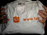 A person is holding a package from Temu. (