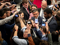 House Speaker Mike Johnson (R-LA) speaks to reporters following the annual State of the Union address to a joint session of Congress at the...