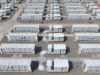 An aerial photo is showing the largest energy storage 400MW project in Shandong province in Zaozhuang City, China, on March 10, 2024. The ul...