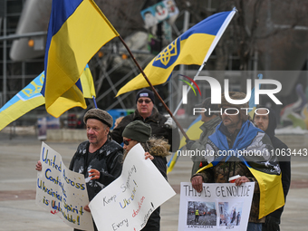 EDMONTON, CANADA - MARCH 9, 2024:
Members of the Ukrainian diaspora and activists gather at Churchill Square for a rally commemorating Ukrai...
