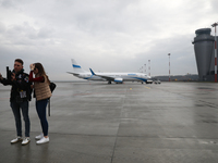 People make a video on the airport in Katowice, Poland on February 28, 2024. (