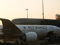 Etihad plane is seen on the airport in Abu Dhabi, United Arab Emirates on February 28, 2024. (