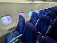 Empty seats are seen on Wizz Air plane in Abu Dhabi, United Arab Emirates on February 28, 2024. (