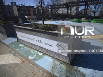 A sign at 10th Street PlayZa, spanning the I-676 Vine Street Expressway and connecting the Chinatown and Callowhill communities in Center Ci...