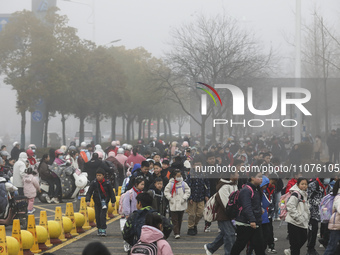 Primary school students are traveling in thick fog in Huai'an, China, on March 15, 2024. (