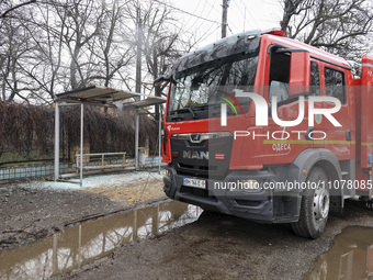 A fire and rescue vehicle is damaged as a result of a missile strike by Russian troops in Odesa, Ukraine, on March 15, 2024. NO USE RUSSIA....