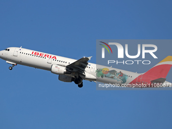 An Airbus A321-213 from Iberia is taking off from Barcelona Airport in Barcelona, Spain, on February 29, 2024. (
