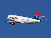 An Airbus A320-232 from AirSerbia is taking off from Barcelona Airport in Barcelona, Spain, on February 29, 2024. (