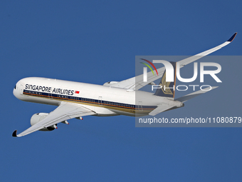 An Airbus A350-941 from Singapore Airlines is taking off from Barcelona Airport in Barcelona, Spain, on February 29, 2024. (