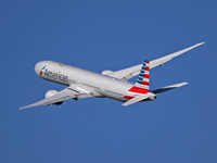 An American Airlines Boeing 777-223(ER) is taking off from Barcelona Airport in Barcelona, Spain, on February 29, 2024. (