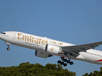An Emirates Boeing 777-21H(LR) is taking off from Barcelona Airport in Barcelona, Spain, on February 29, 2024. (