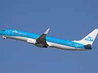 A Boeing 737-9K2 from KLM is taking off from Barcelona Airport in Barcelona, Spain, on February 29, 2024. (