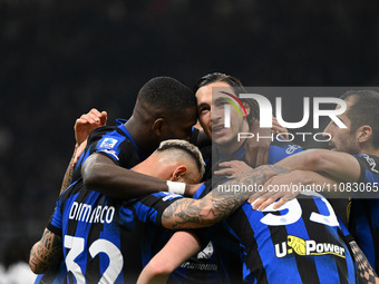 Matteo Darmian of FC Inter is celebrating after scoring a goal during the Italian Serie A football match between Inter FC Internazionale and...