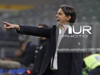 Simone Inzaghi, coach of Inter, is gesturing during the Serie A soccer match between Inter FC and SSC Napoli at Stadio Meazza in Milan, Ital...