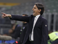 Simone Inzaghi, coach of Inter, is gesturing during the Serie A soccer match between Inter FC and SSC Napoli at Stadio Meazza in Milan, Ital...