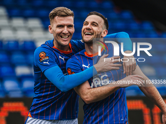 Mark Kitching and Dan Gardner of Oldham Athletic are celebrating during the Vanarama National League match between Oldham Athletic and Chest...