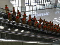 New recruits are departing from Fuyang West Railway Station for military barracks in Fuyang city, Anhui province, China, on March 18, 2024....