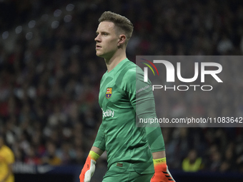 Barcelona's goalkeeper Marc-Andre ter Stegen is playing the ball during the La Liga soccer match between Atletico Madrid and Barcelona at th...