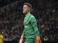Barcelona's goalkeeper Marc-Andre ter Stegen is playing the ball during the La Liga soccer match between Atletico Madrid and Barcelona at th...
