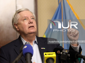 Republican Senator Lindsey Graham from South Carolina is speaking during a press briefing in Kyiv, Ukraine, on March 18, 2024. (