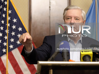 Republican Senator Lindsey Graham from South Carolina is speaking during a press briefing in Kyiv, Ukraine, on March 18, 2024. (
