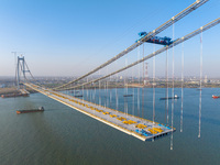 The Longtan Yangtze River Bridge is under construction in Nanjing, Jiangsu Province, China, on March 19, 2024. (