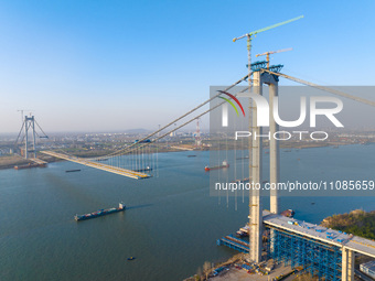The Longtan Yangtze River Bridge is under construction in Nanjing, Jiangsu Province, China, on March 19, 2024. (