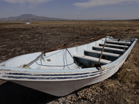 A boat is sitting in the dried-out Zumpango Lagoon in the State of Mexico, surrounded by an accumulation of weeds and dried lilies that are...