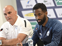 Alon Hazan Israel head coach and Eli Dasa  Of Israel speak during the Israel official press conference before the EURO 2024 European qualifi...