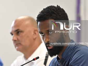 Eli Dasa  Of Israel speak during the Israel official press conference before the EURO 2024 European qualifiers play-off game against Israel,...