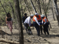 Members of Civil Protection are rescuing a person who suffered a fall while climbing Cerro de la Estrella in the Iztapalapa mayor's office i...