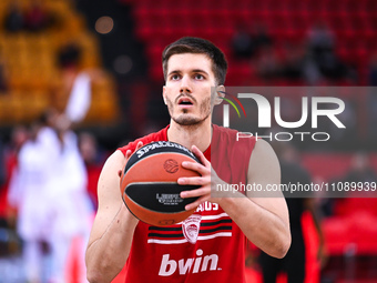 Filip Petrusev of Olympiacos Piraeus is playing in the Euroleague, Round 31, match between Olympiacos Piraeus and LDLC ASVEL Villeurbanne at...
