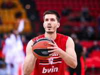 Filip Petrusev of Olympiacos Piraeus is playing in the Euroleague, Round 31, match between Olympiacos Piraeus and LDLC ASVEL Villeurbanne at...