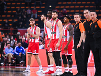 Players from Olympiacos Piraeus are competing in the Euroleague, Round 31, match against LDLC ASVEL Villeurbanne at the Peace & Friendship S...