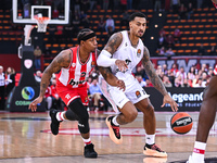 Edwin Jackson, number 11 from LDLC ASVEL Villeurbanne, is competing with Isaiah Canaan, number 3 from Olympiacos Piraeus, during the Eurolea...