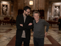 Poet Gabriele Tinti and actor Willem Dafoe are reading the poems by Gabriele Tinti at The Pantheon in Rome, Italy, on March 21, 2024. (